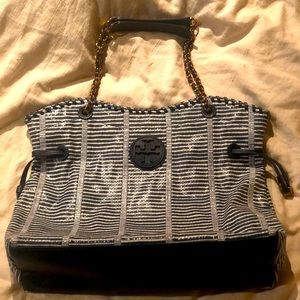 Large white and navy Tory Burch Tote